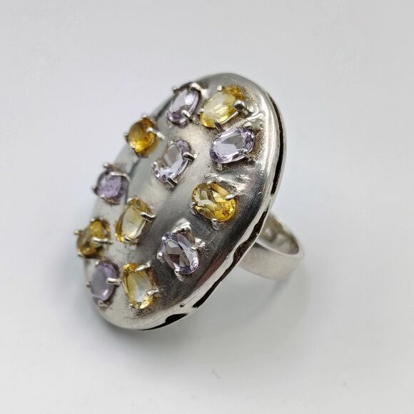 Sterling Silver 925 Amethyst Citrine Statement Oval Shield Shape Ring Sz 8 - Picture 9 of 16